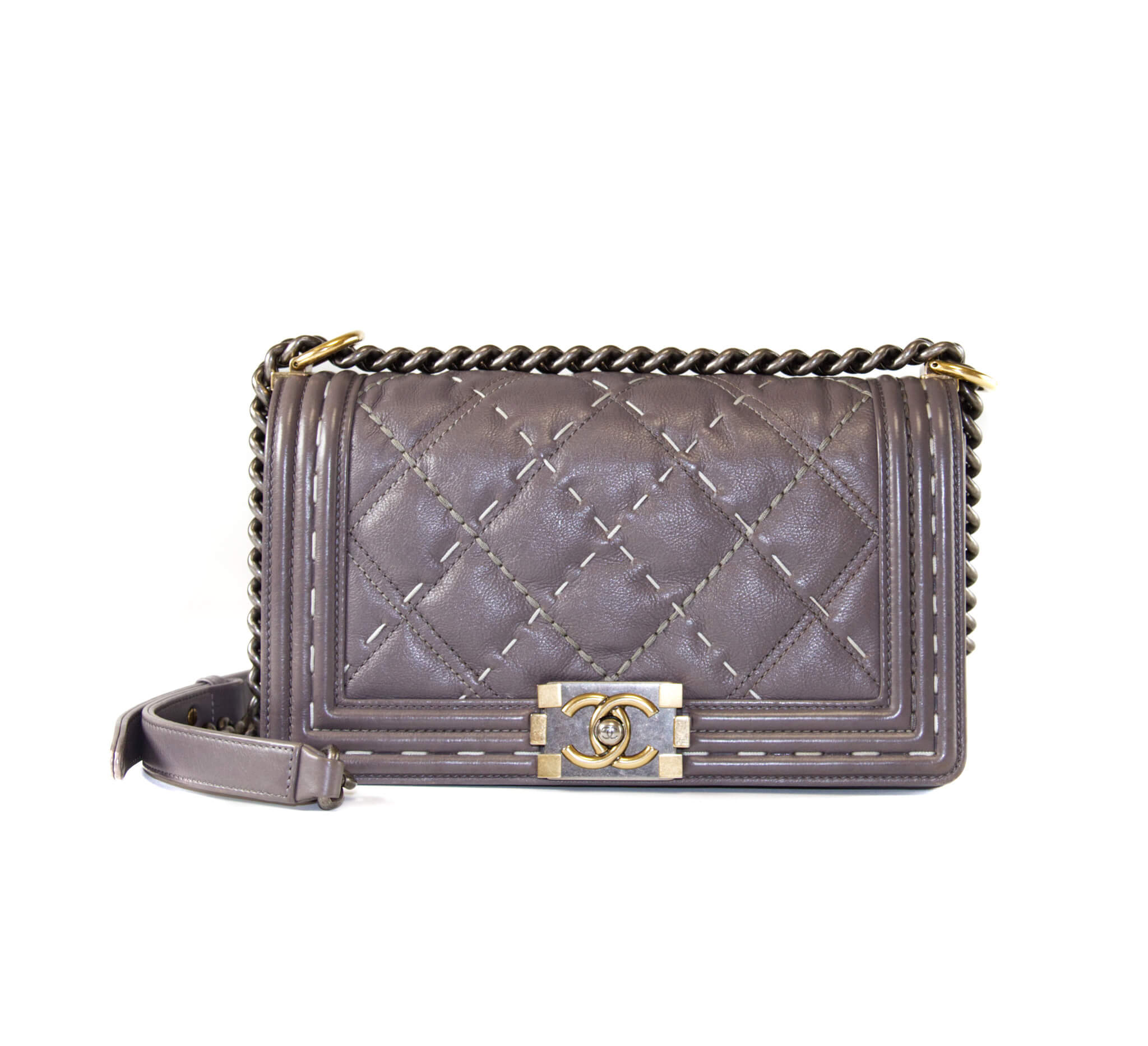 Chanel Boy Bag Quilted Grey Stitching in Medium - Handbag Spa & Shop